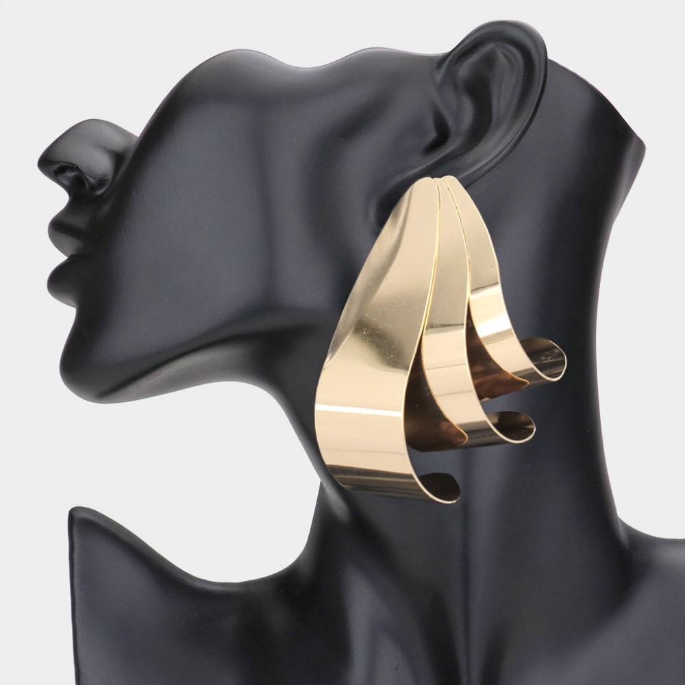 Abstract Gold 2.75" Geometric Dangle Statement Earrings Curved Metal Jewelry